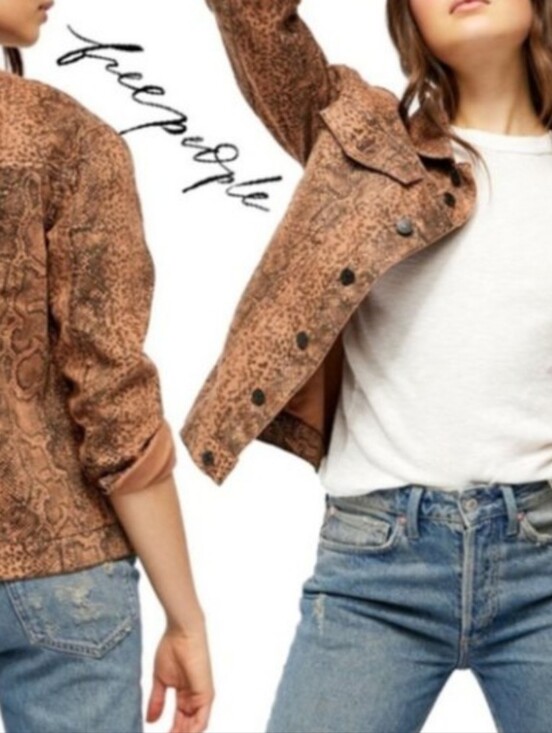 Free People Jackets & Blazers - Free People Tucker Brown Snake-Print Denim Jacket Large
